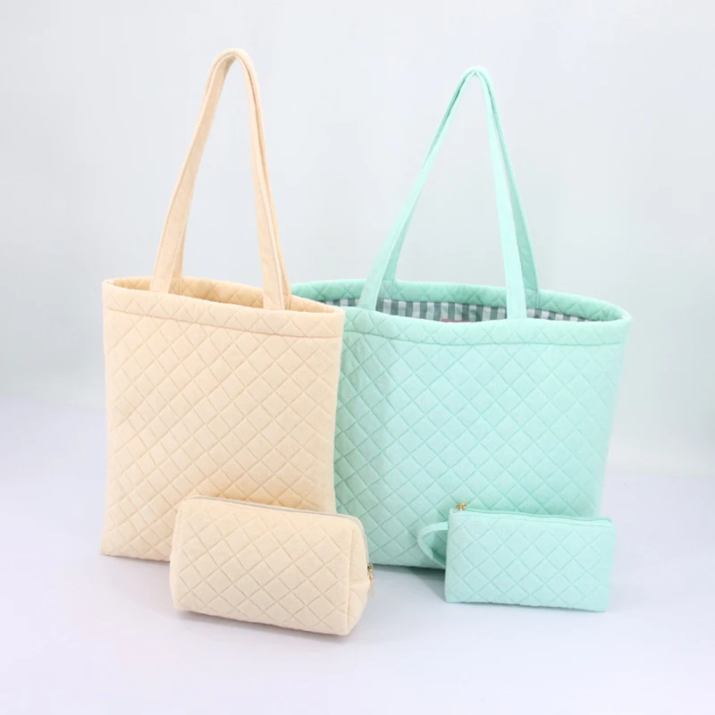 Customized Wholesale 2023 Spring Summer eco Quilted Terry Cloth Fabric Tote Shopping Bag Handbag