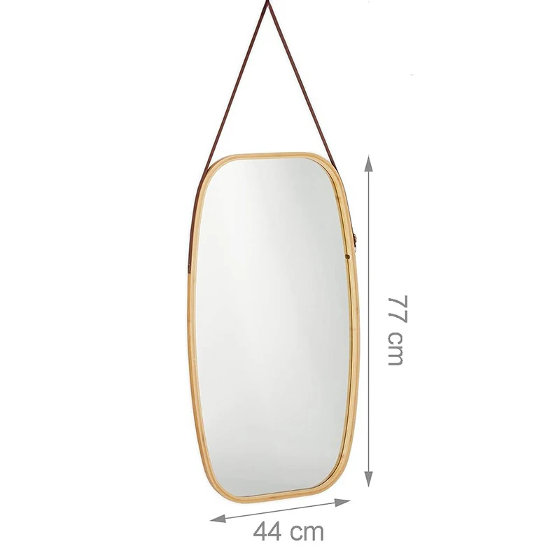Modern Adjustable Strap Bamboo Frame Hanging Design Oval Wall Mirror for Bedroom Living Room Bathroom or Hallway