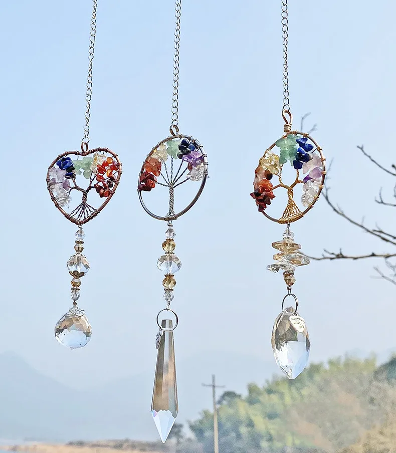 7 Chakra Healing multicolor Natural Stone chips Tree Of Life Prism Crystal Pendant wall Hanging Home house Window Decor