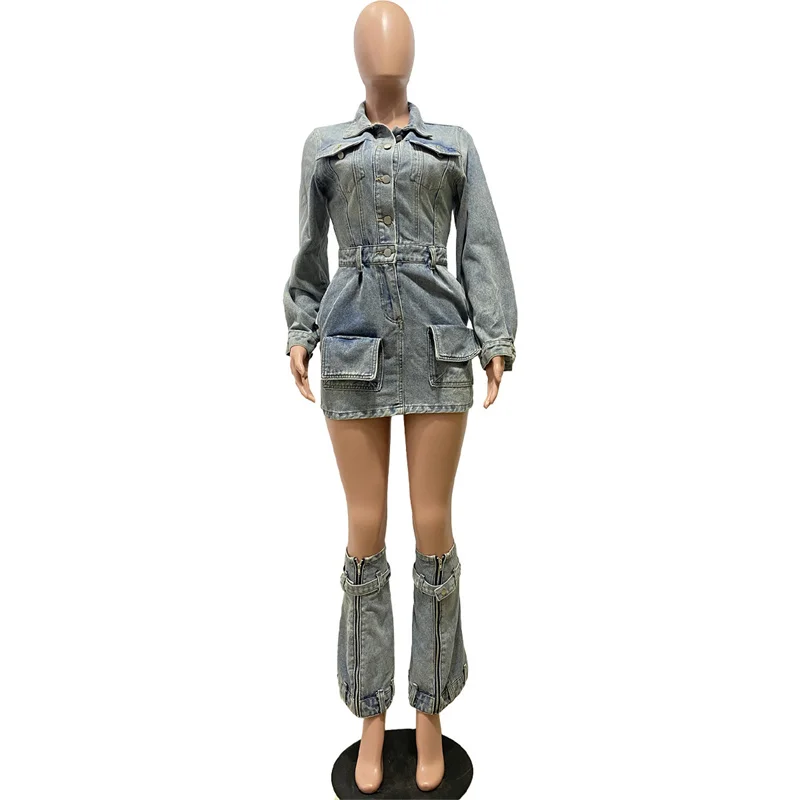New Arrival Female Long Sleeve Denim Dress Sexy Skirt 3 Piece Set Casual Button And Trouser Legs Hip Hop Skirt For Women