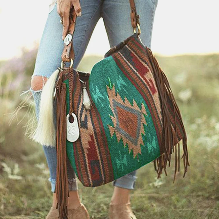 Hot sale vintage aztec tote bags canvas western large crossbody shoulder handbag travel tassel fringe bags