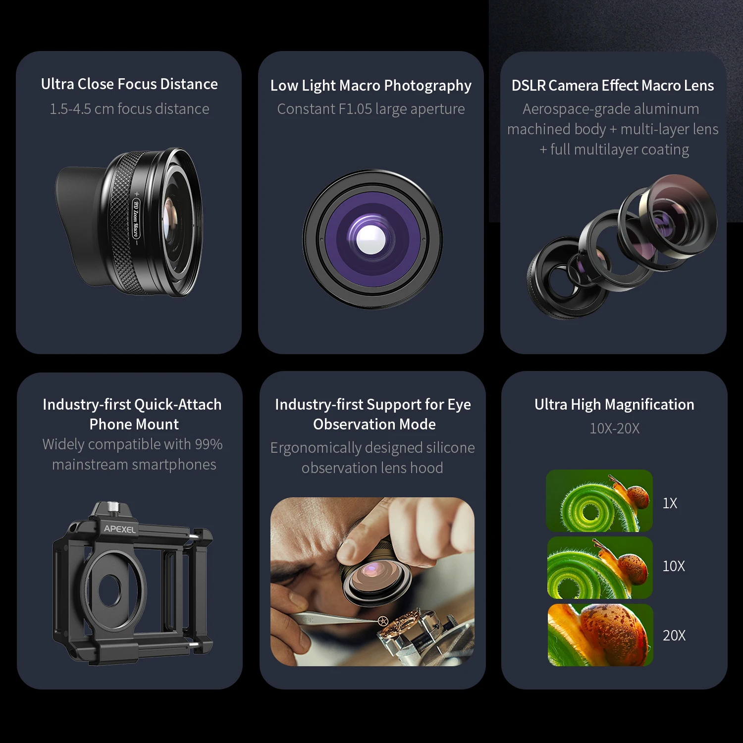 APEXEL Clip on Zoom Macro Lens with Ring Fill Light Mobile Phone Professional External HD Macro Lens For iPhone 15 16 pro max