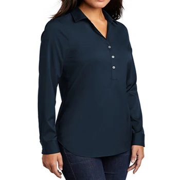 Ladies river blue navy 93/7 poly/spandex Odor-fighting Wrinkle-resistant Open collar and neckline Pearlized button Stretch Tunic
