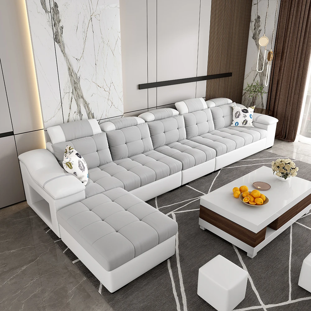 Luxury Contemporary Design Grey White 5 Seater L Shape Single Sofa Arm Chair Bed Recliner Sofa Seating Set Living Room Furniture