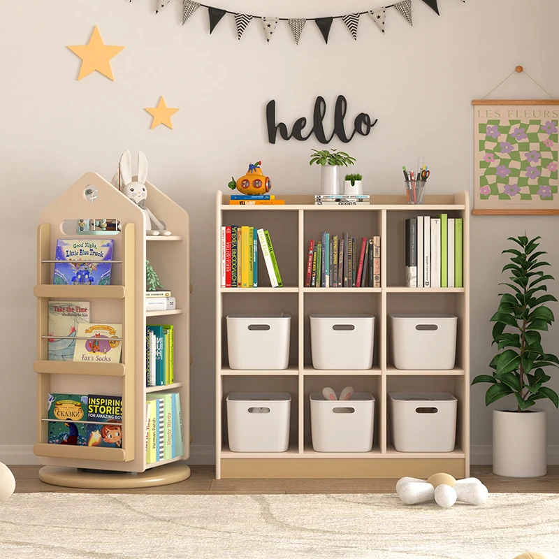 Wooden Rotating Bookshelf Modern Library Book Rack For Kid Home Cabinet Bookcase Furniture Display Shelf