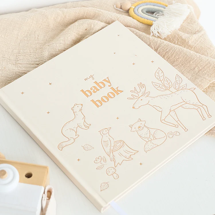 Custom Printing Linen Cover Gold foil Baby Keepsakes First Year Memory Book Milestone Baby Book