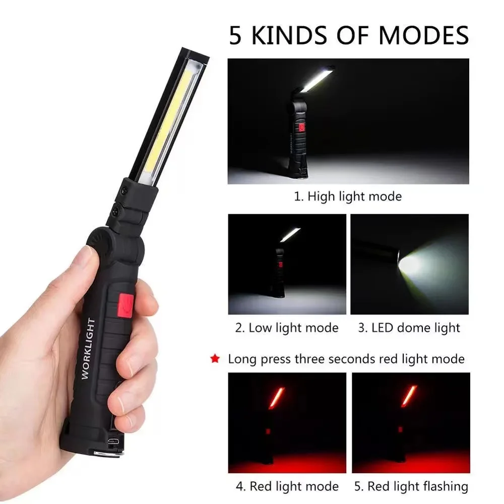 New Slim Work Light 360 Degree Rotating and 5 Modes Rechargeable LED Flashlight Magnetic Base Clip Car Repair COB Inspection Wor