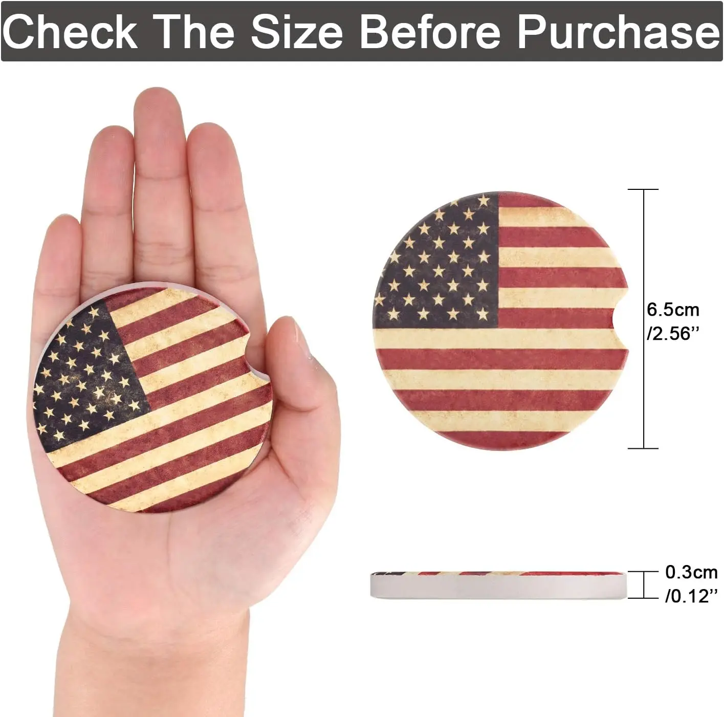 8 Packs USA Flag Cup Coasters Ceramic 2.56 Inch Stone Car Cupholder Absorbent Coaster Set for Drinks Cup (Red)