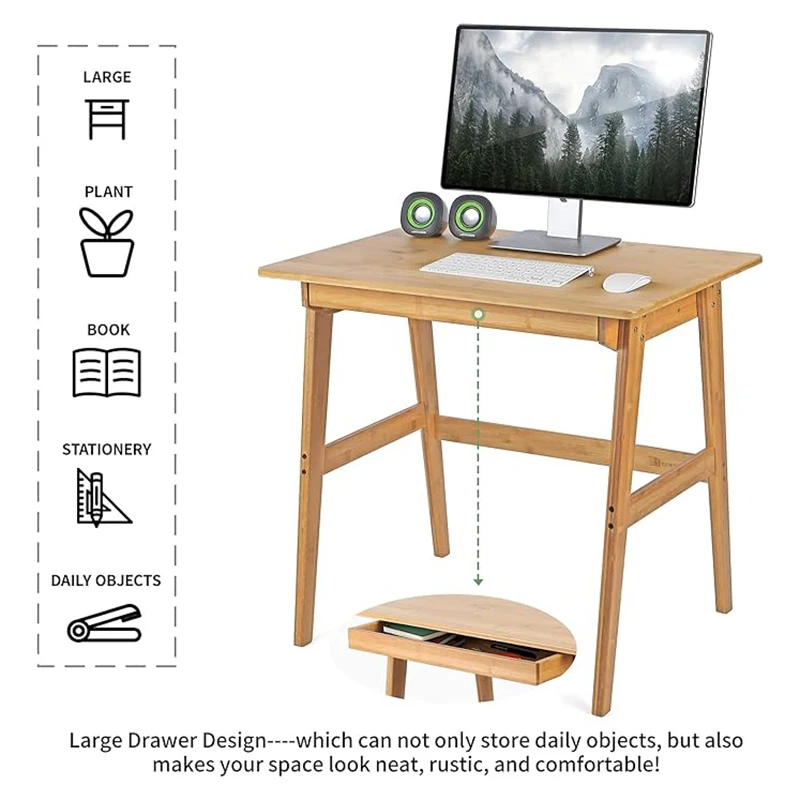 Laptop Writing Desk Bamboo Home Office Table 2 Drawers Modern Furniture Simple Study Makeup Workstation Computer Gaming Table