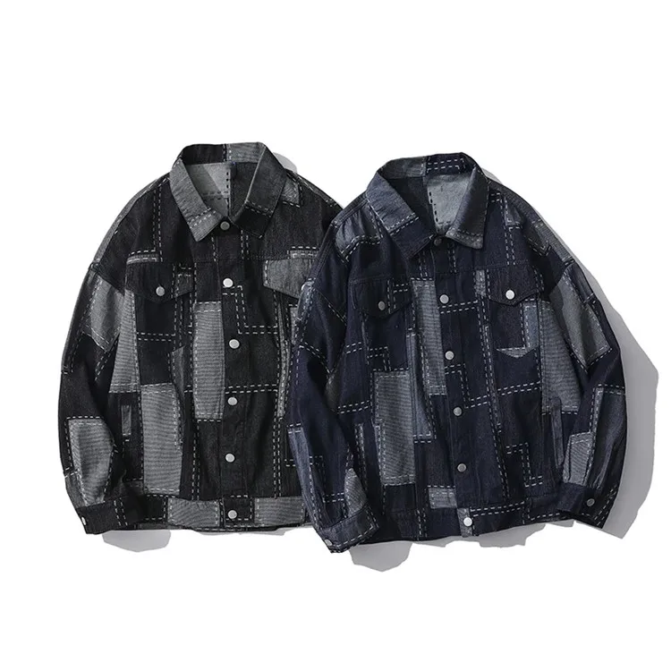 Mens Japanese Streetwear Retro Distressed Patch Jacquard Beggar Denim Jackets