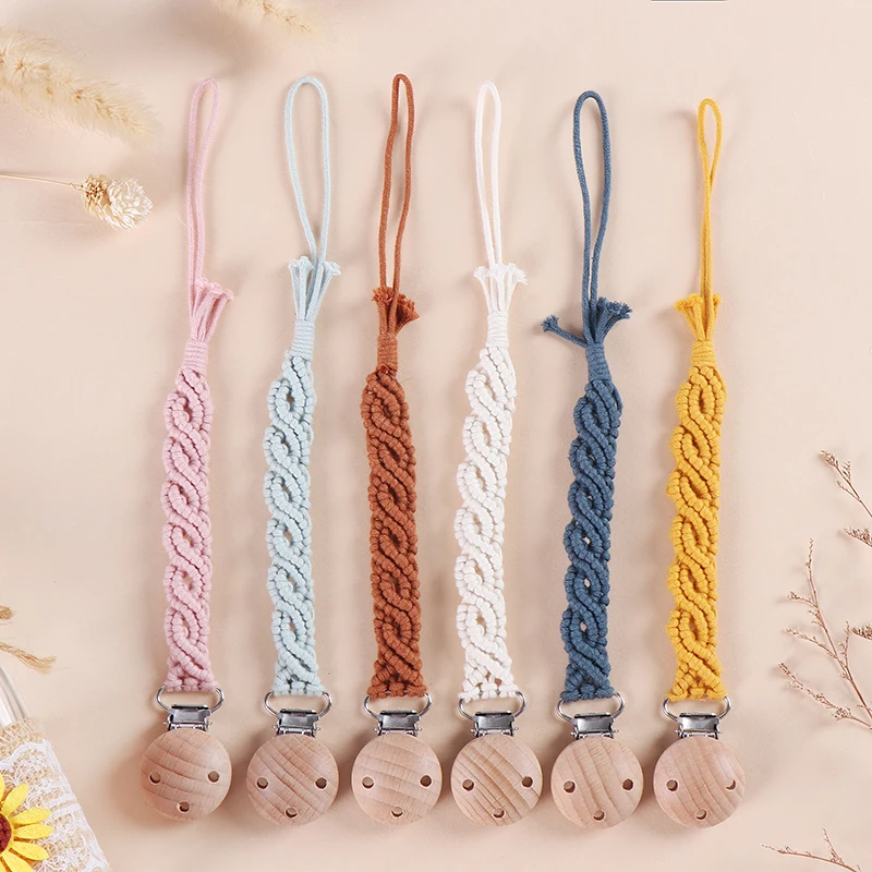 2022 new arrival baby dummy chain handmade braided cute pacifier clip chain hemp cotton paci chain