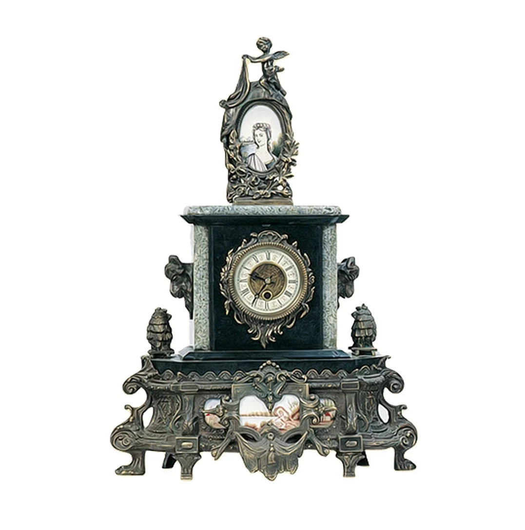 Античный имитация французского оленя на мраморном столе/полке часы, встроенный в мрамор, украшенный латунью