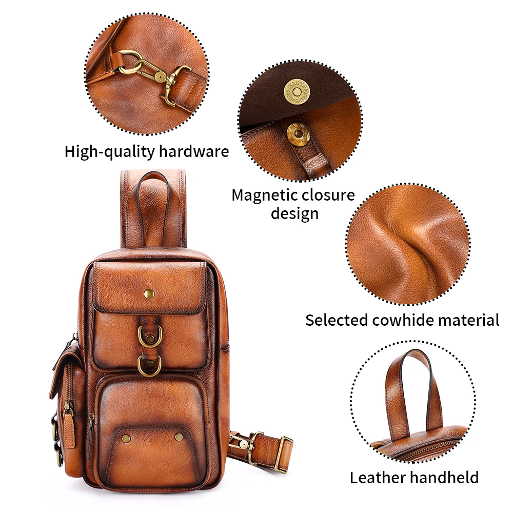 MARRANT Vintage Handmade Leather Travel Chest Bag Single Sling Backpack Shoulder Crossbody Bag Genuine Leather Chest Bag for Men