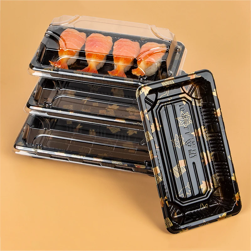 Food Grade Disposable PET Plastic Plate Leak Proof Sushi Tray Container Japanese Sushi Takeaway Packaging Box with Lid