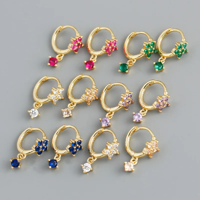Quincund-shaped Multi-color Pendant Drop Earring Zircon S925 Silver Ear Clapper Personalized Flower Earrings