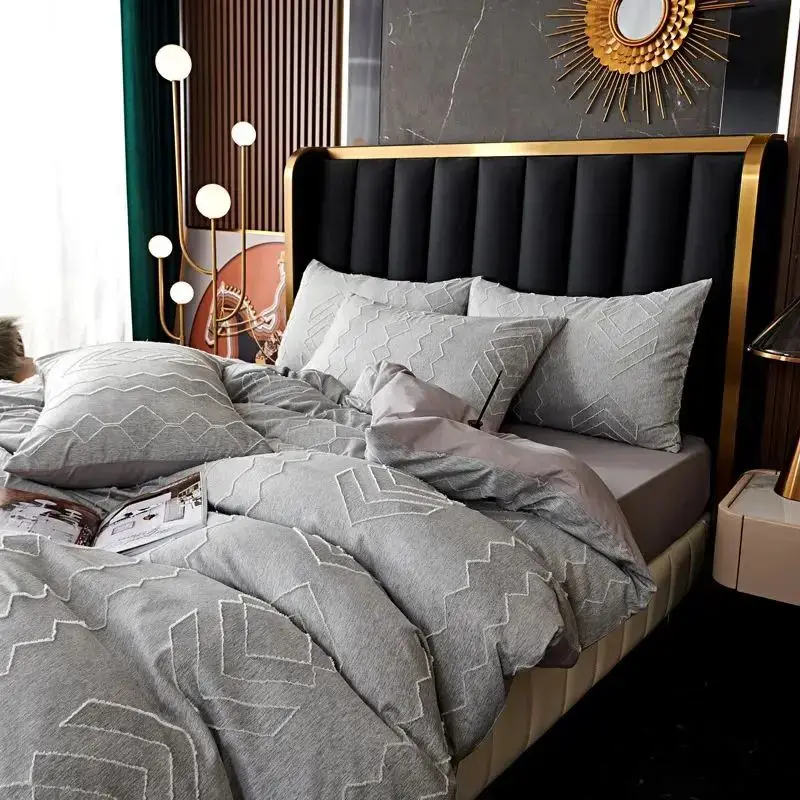 Wholesale Luxury Pure Linen Quality Flax Home Linen Bed Sheet Beautiful Carved Satin Polyester Hotel Bedding Set