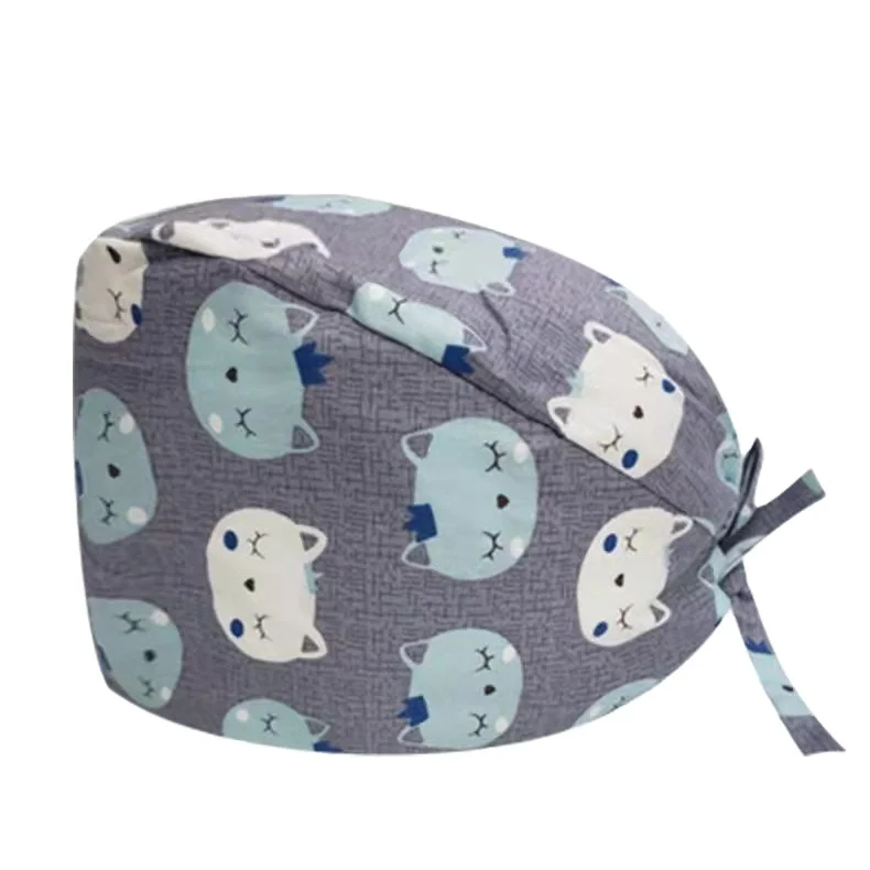 Printing Medical Scrubs Hat Doctors Surgical Nurse Cotton Scrub Hat Pet Vet with Buttons Dentist Work Hat