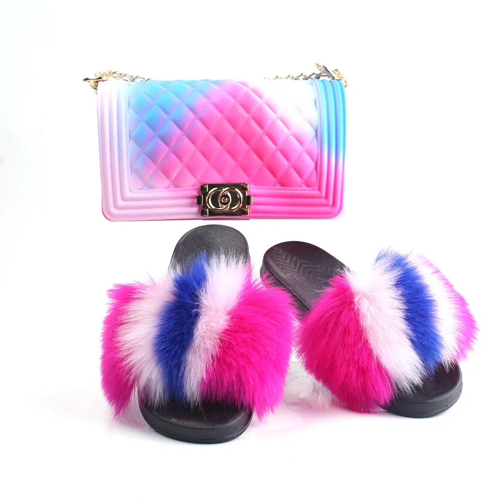 Factory Delivery 2022 Trendy Fox Fur Women Fur Slipper And Fashion Bag Set Cross-Body Silicone Gel Bag Suit