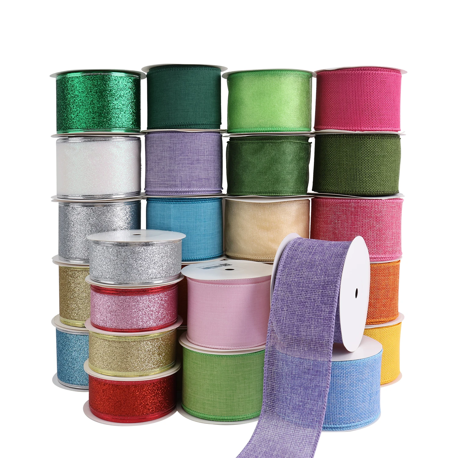 Midi Stock Solid Colors Fine Linen Burlap 63MM Width Christmas Wired Edge Ribbon For Wreath Tree Decoration