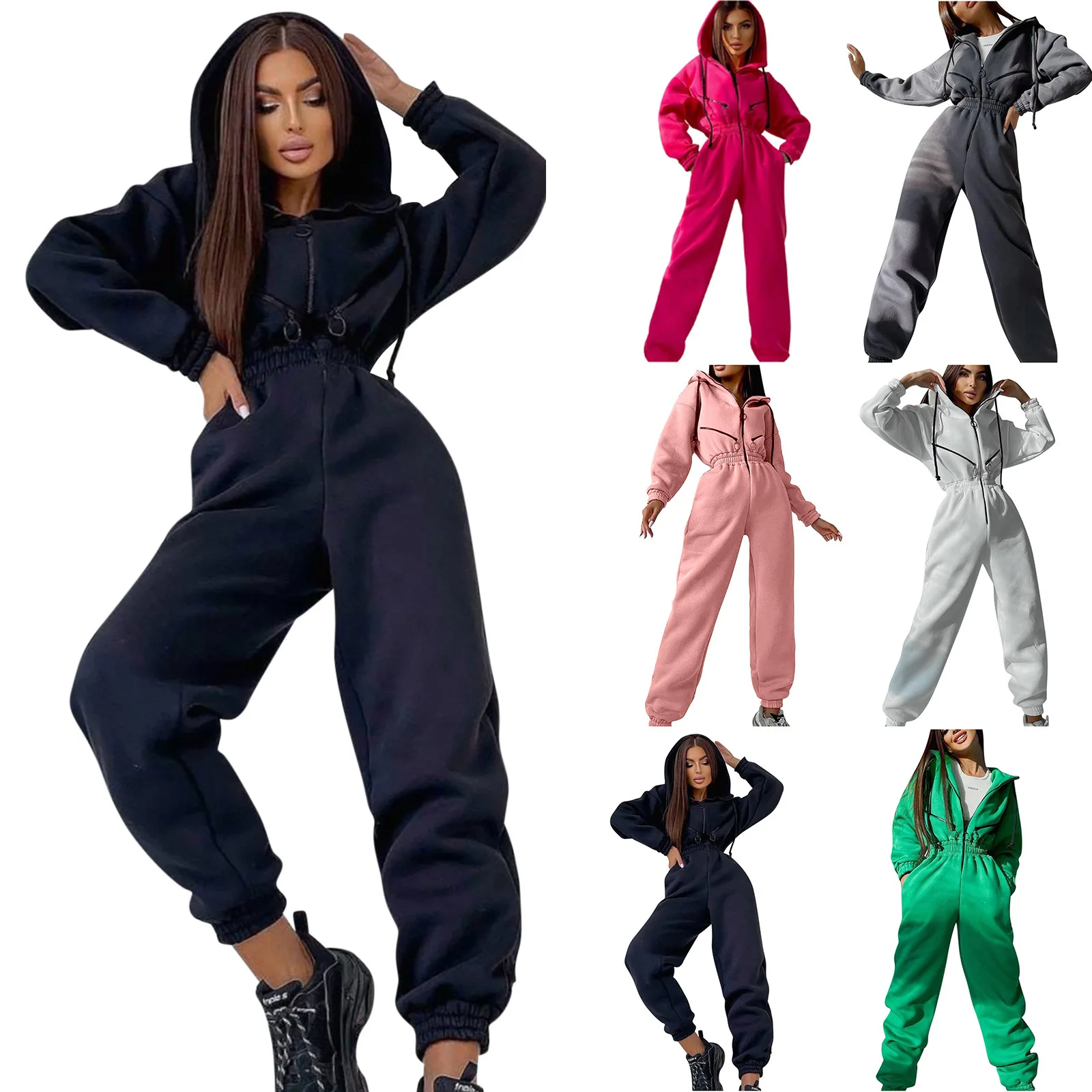Winter Sweatshirt Hooded Jumpsuits Front Zip Long Sleeve Women Jumpsuits Playsuit Casual Thick Warm Female Jumpsuit Fall 2024