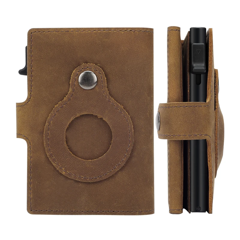 Wholesale Custom Front Pocket Genuine Leather Case Slim Minimalist Rfid Aluminum Metal  Business Credit Card Holder With Airtag