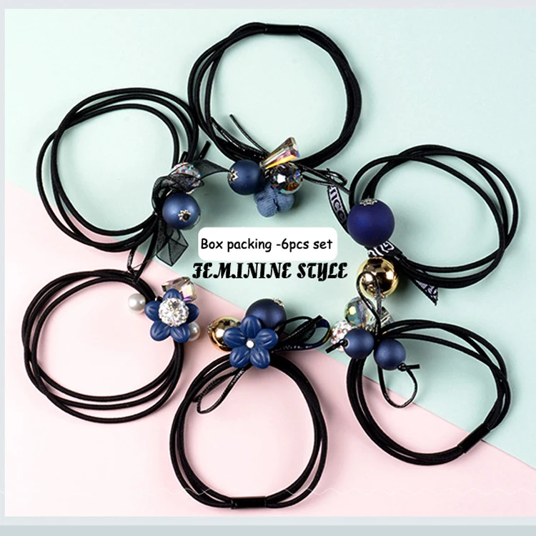 wholesale 6-pcs set  new version  rhinestones beads hair ties  girls  elastic band hair rope scrunchies