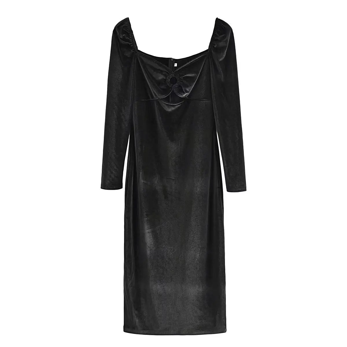 PB&ZA2022 French Retro Black Square Neck Chest Cutout Design Mid-Length Velvet Long Sleeve Dress