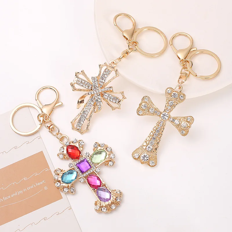 Cross Crystal Keychain Keyring Jesus Christian Catholic Rhinestone Key Chains Car Bag Holder for Men Women Jewelry