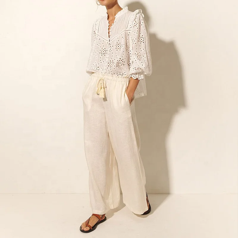 Custom Summer Long Sleeve Ladies Shirts Elegant Hollow out Tops And Blouses Women 100% Linen Fabric Button Up Casual Shirt