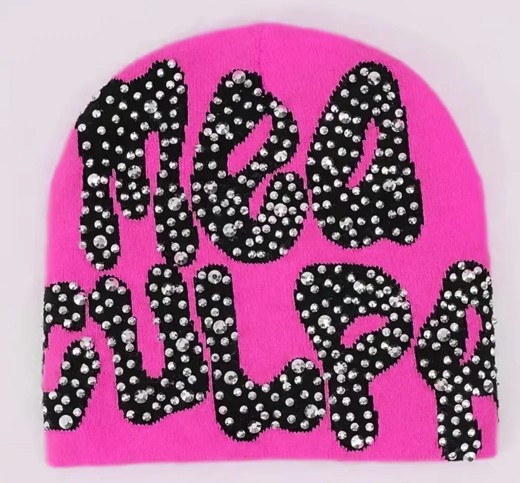 Wholesale Skull Acrylic Knit Winter Hat custom beanie cap Shiny Custom Logo Soft Luxury Jacquard Rhinestone Beanie