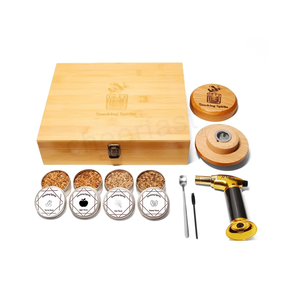 Personalized Item Cocktail Smoker And Torched And Whiskey Stone Kit Best Selling 4 Flavors Wooden Cocktail Smoke Set