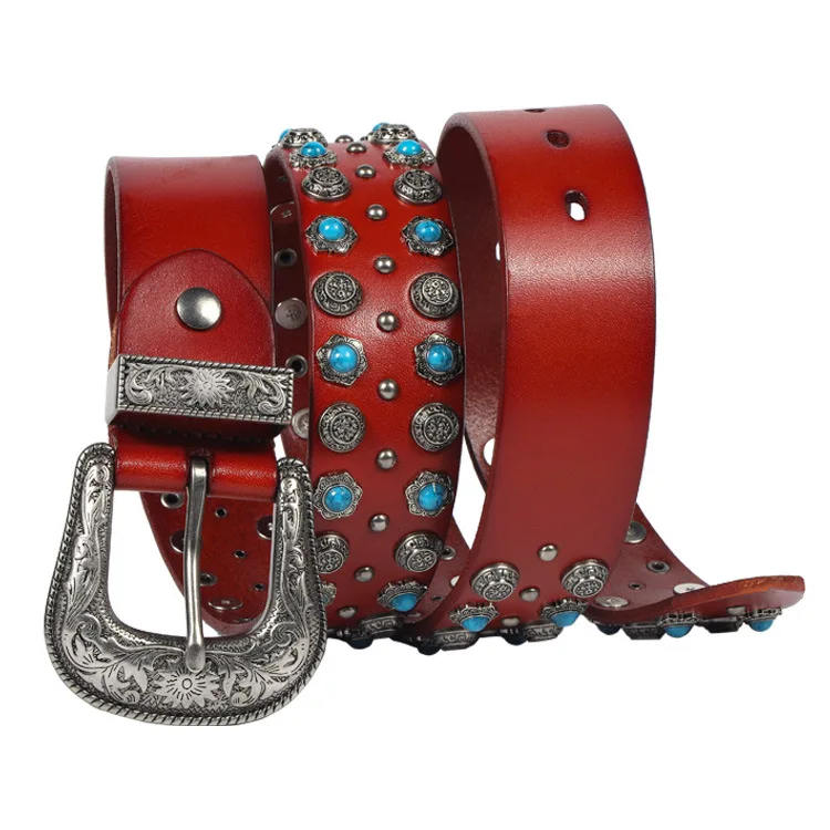 Luxury Turquoise and Studs Inlaid Western Buckle Genuine Leather Cowgirl Belt for Women