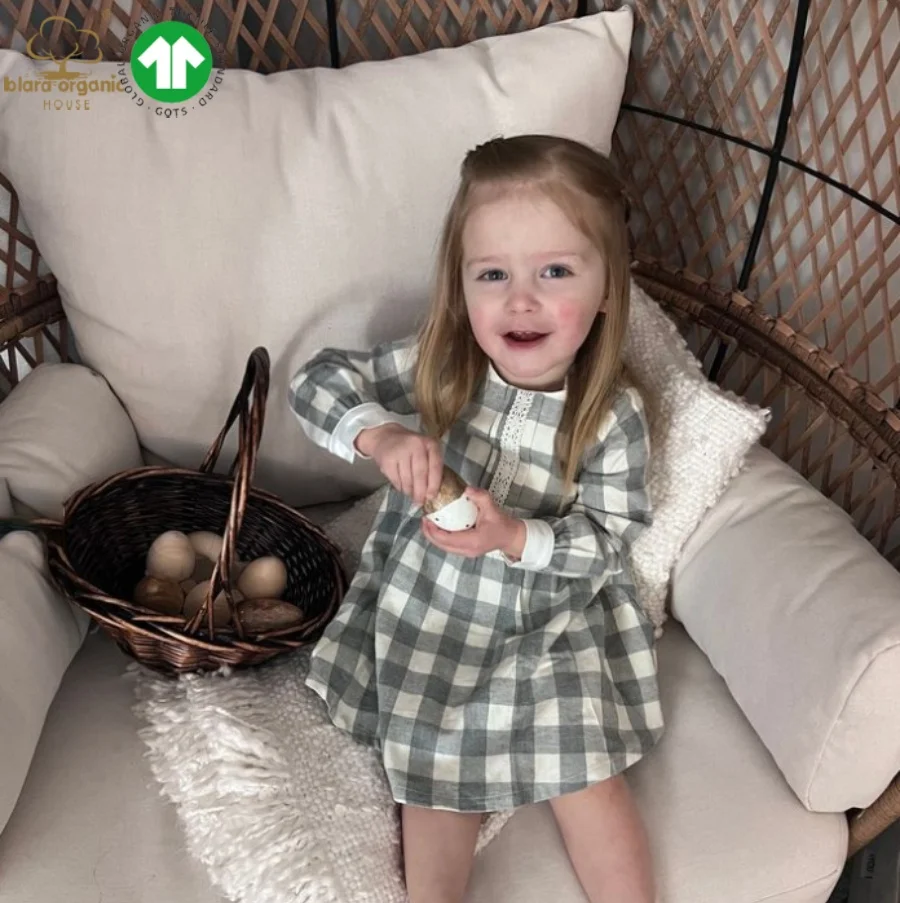 GOTS Certified Woven Cotton Plaid Pattern Sweet Dress Long Sleeve Round Neck with Lace Feature Knee Length Girls Children Summer