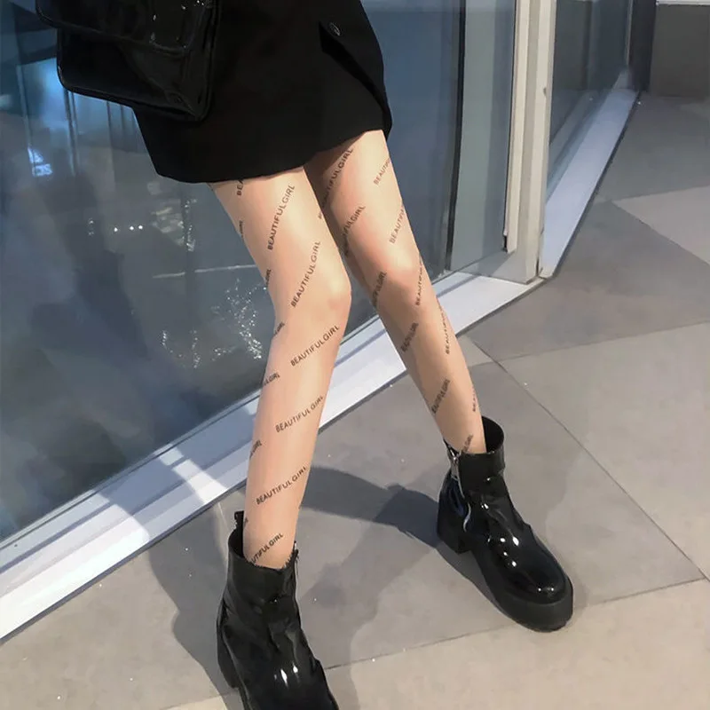  Sexy Women Letter Printed Pantyhose Fashion Nylon Tight Inscription Stockings Female Ultra-thin Breathable