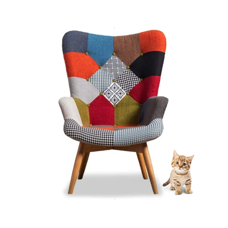 
Modern Wood Armchair Leisure Fabric Accent Patchwork Colorful Chair Furniture Lounge Wing back Chair 