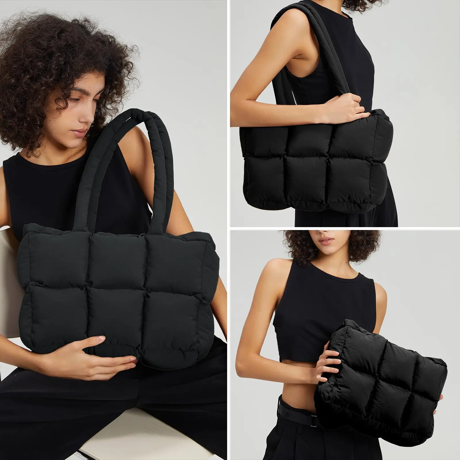 Custom Black Nylon Puffer Tote bag Padded quilted Casual  Puffy Handbag large carryall Bucket Bag For Women