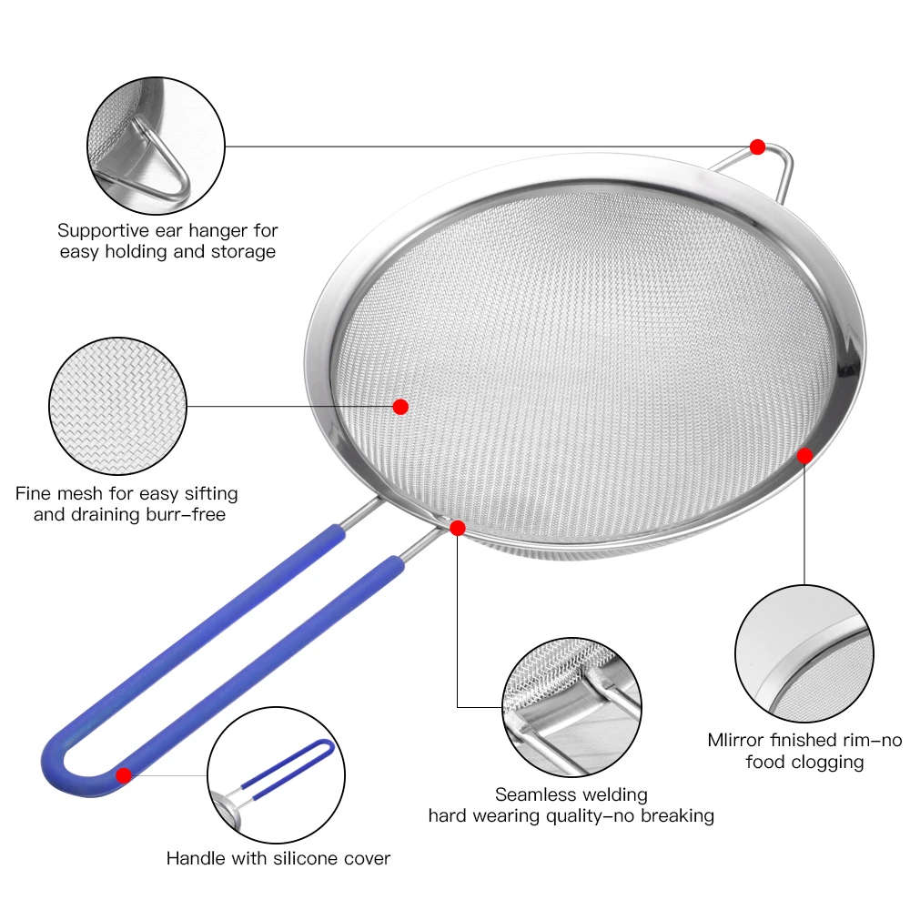 Kitchen Premium Quality S/S Stainless Steel Mesh Colander Flour Sifter Sieve Mesh Strainer with Silicone Handle