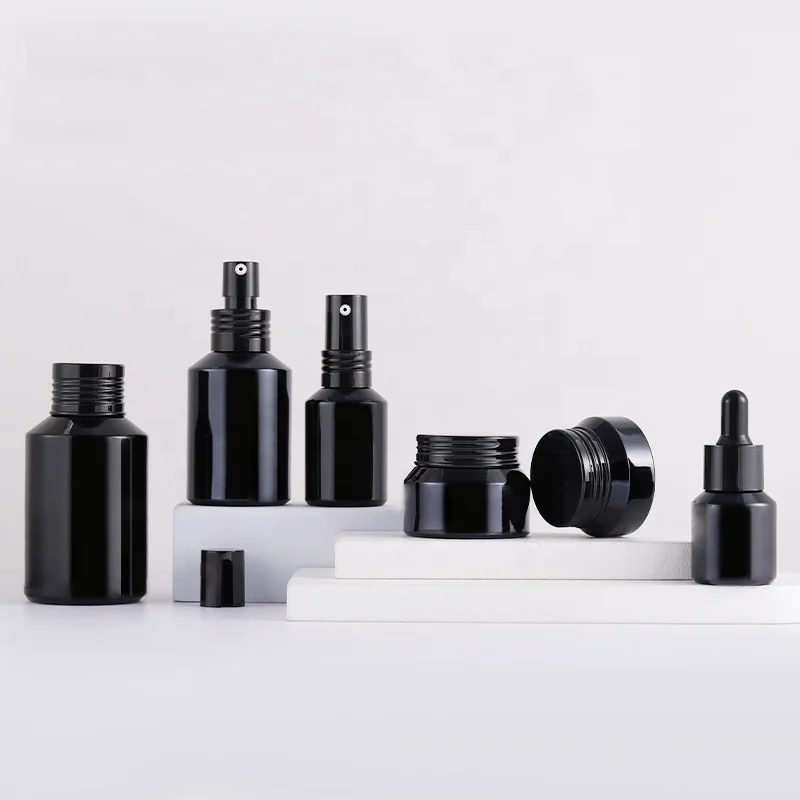 Inclined shoulder glass bottle 15ml 30 ml 60 ml 100 ml 120 ml black glass bottle and 15 g  30 g 50g black glass jar for cosmetic