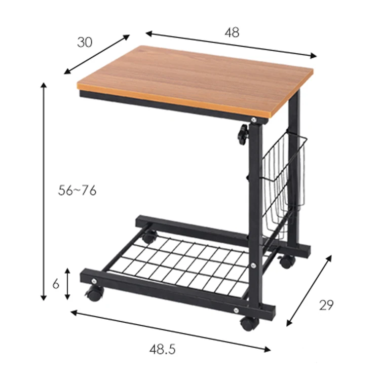 
Sofa Side Table adjustable Castor Wooden Top Metal Base for Living Room 