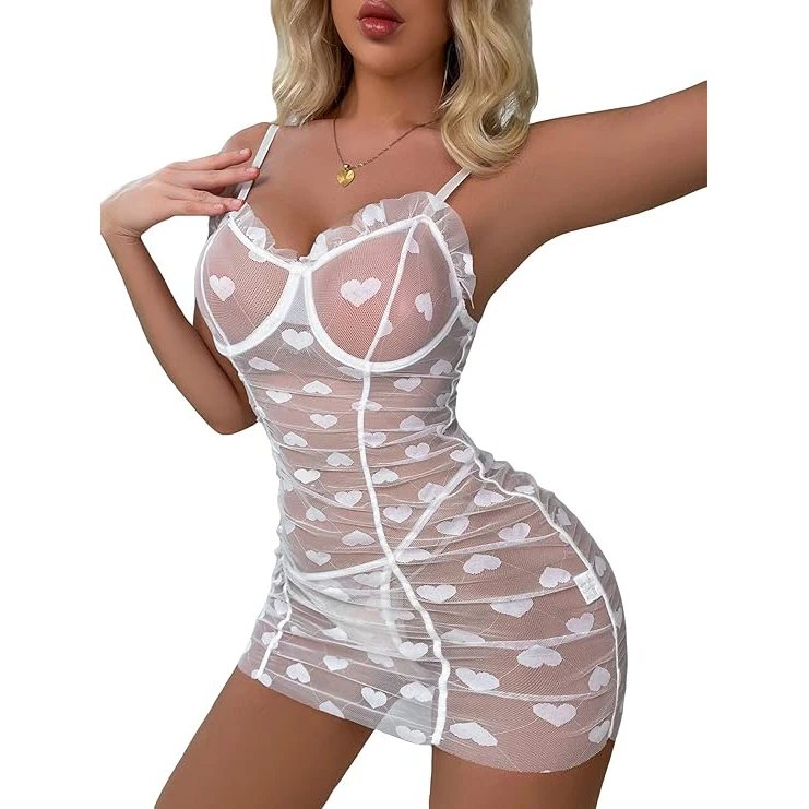 Hot Transparent Sexy Heart Underwire Fashion Show Sexy Women Babydoll Lingerie Sleepwear Nighty