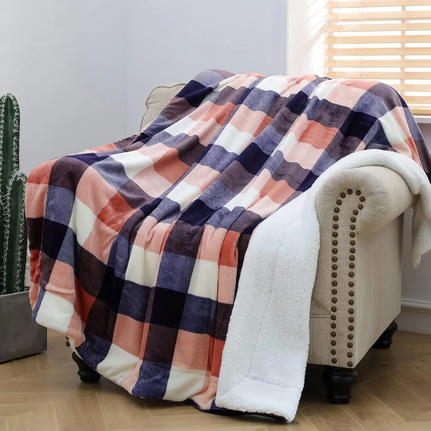 Buffalo Plaid Sherpa Fleece Throw Blanket Double-Sided Checkered Super Soft Luxurious Bedding Blanket