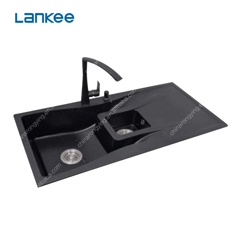 Black quartz sink,double bowl kitchen sink quartz,quartz stone kitchen sink with board