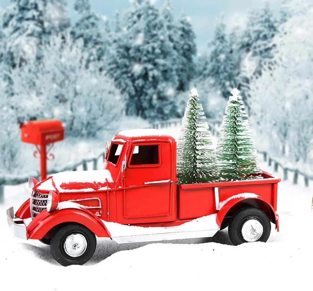 
 Christmas Decor Handmade Vintage Metal Crafts Red Christmas Truck with 2pcs Mini Christmas Trees Ornaments for Kids Home Decor  