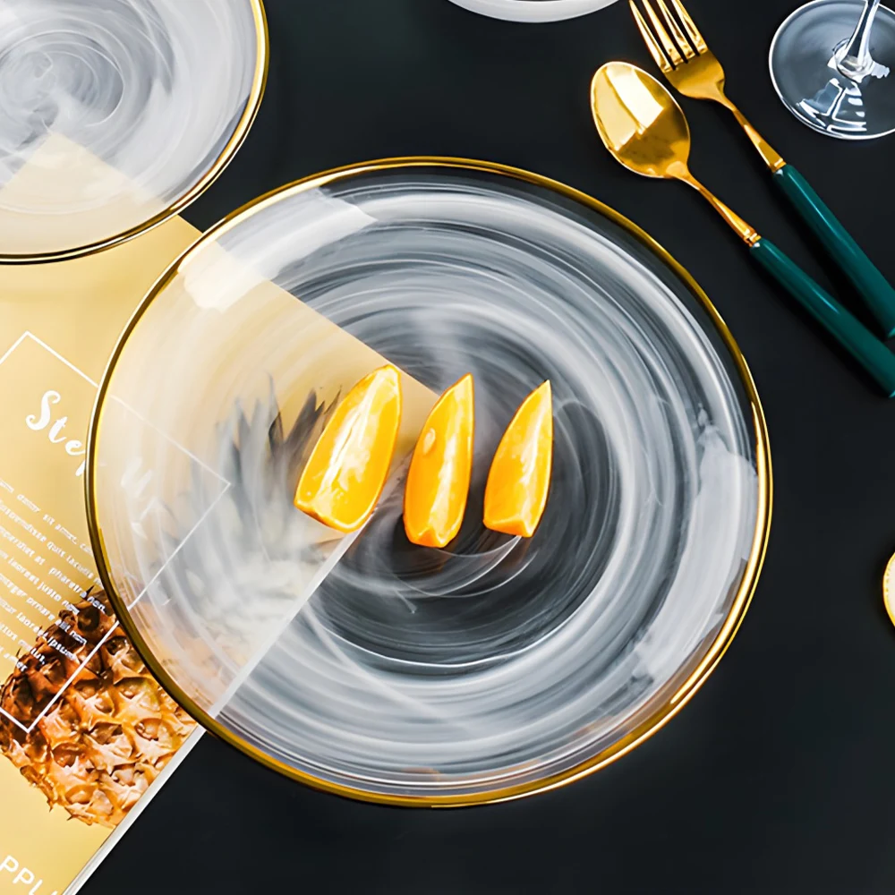 Wholesale Modern Unique Custom Luxury Cloud Pattern Heat Resistance Gold Rim Crystal Clear Glass Charger Plates For Wedding