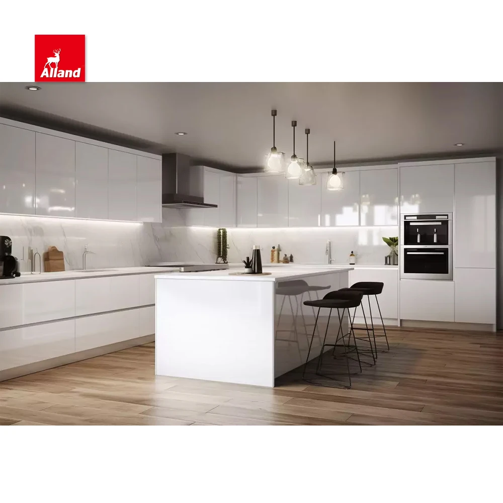 AllandCabinet Good Price Modern Style White High Gloss MDF Plywood Kitchen Cabinet with a Waterfall Quartz Countertop Island