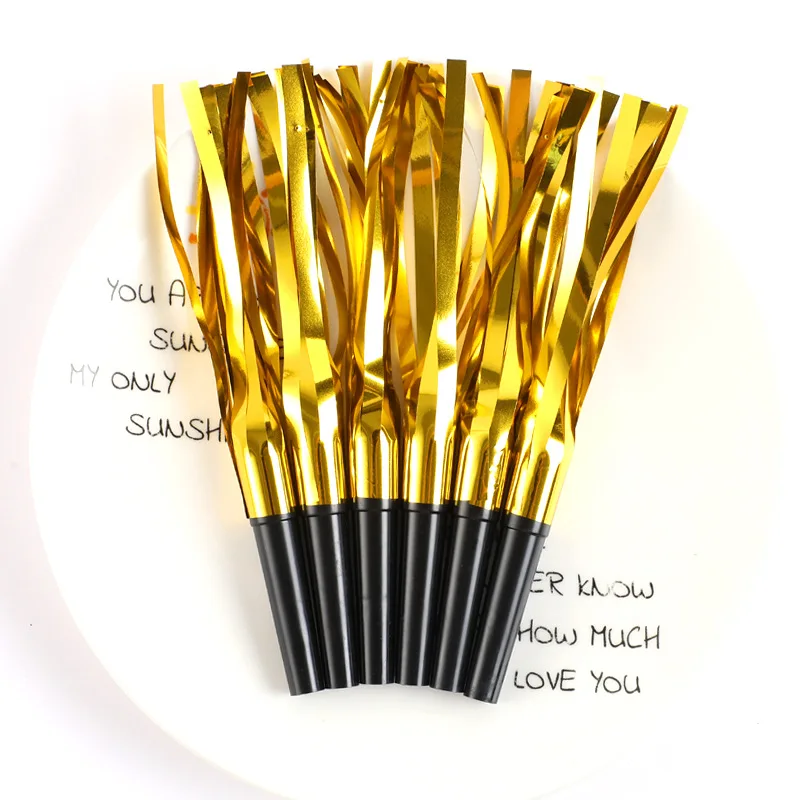 6PCS Party Blowers Whistles Blowouts Glitter Metallic Fringed Noise Makers Gold Musical Blowouts Squawker Whistles for Party