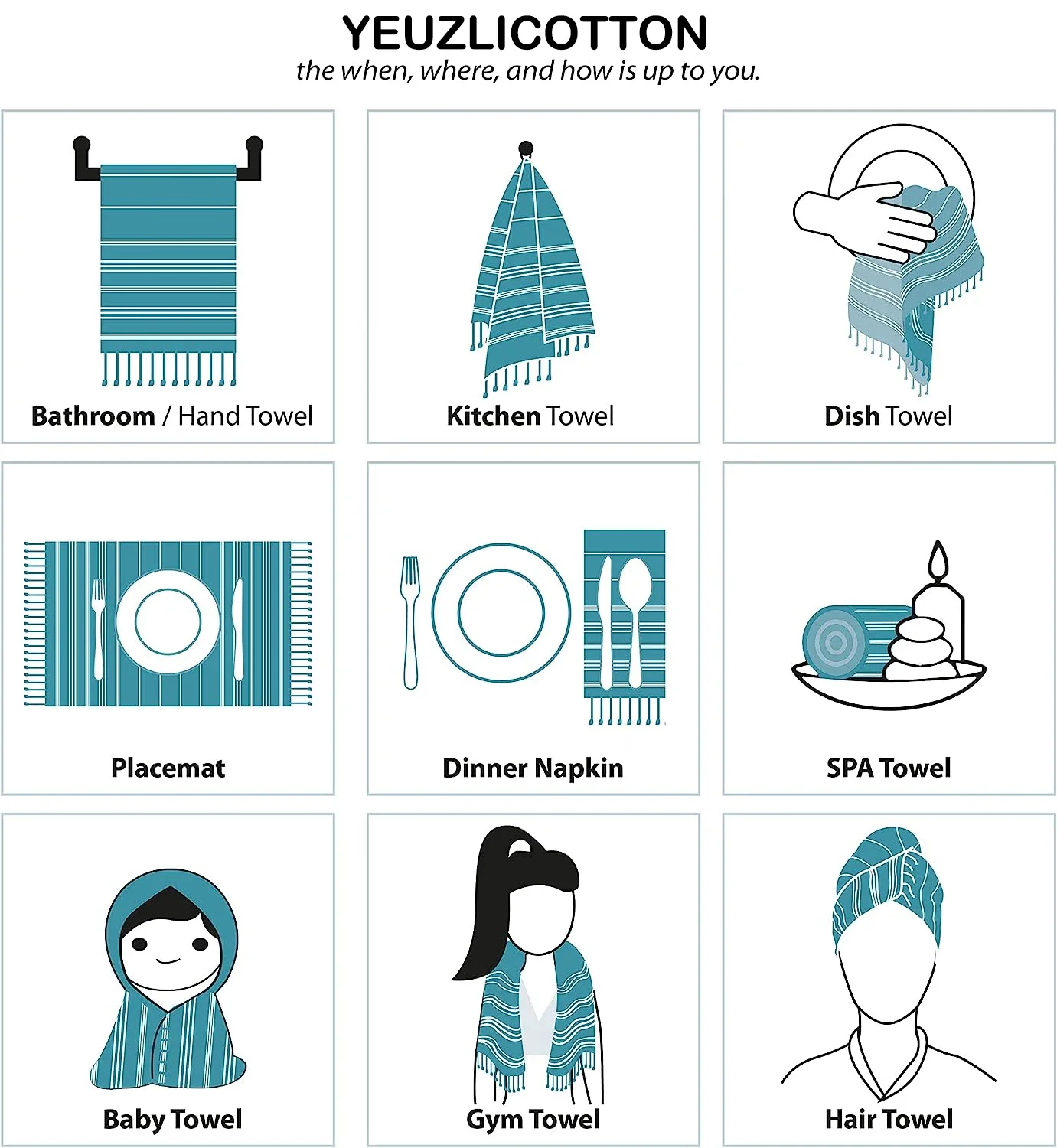 40x100CM Turkish Cotton Kitchen Tea Towel Plain Color Hand Towel Nordic Table Mat Fringe Rectangular Tablecloth Kitchen Supplies