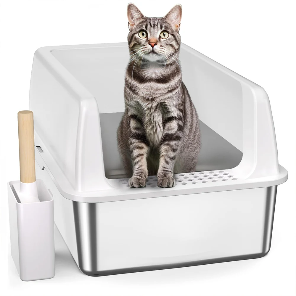 Stainless Steel Litter Box Extra Large Cat Litter Box with High Sides Multiple Cat Sturdy Metal Cat Toilet Non-Sticky Easy Clean