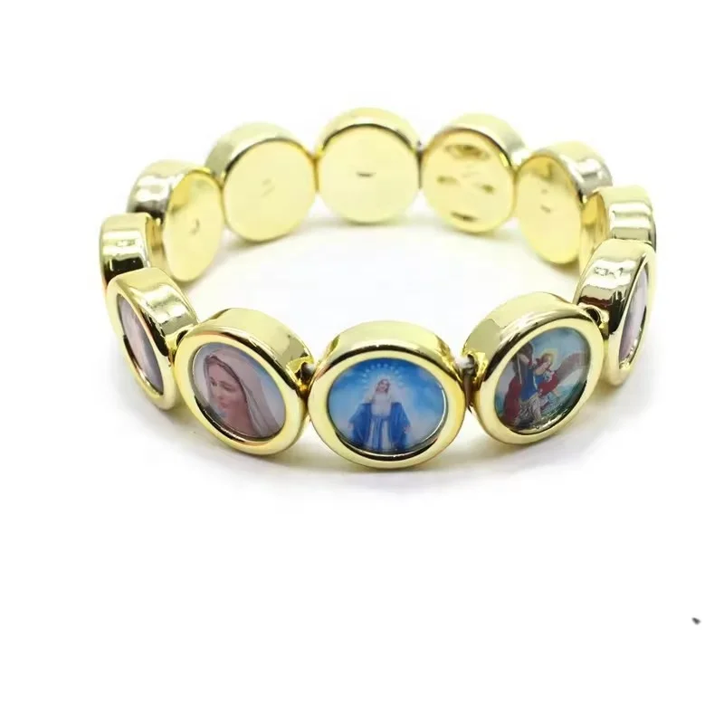 Round Catholic Saint Christian Icon Image Adjustable Size Elastic String Bracelet For Wholesale