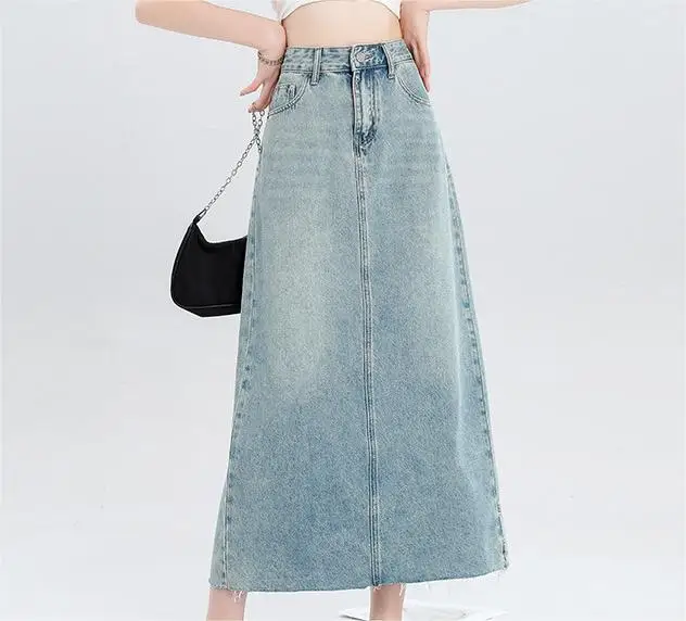 Light blue denim skirt for women with a loose split back, high waist, slim fit, and a buttocks wrapped mid length skirt